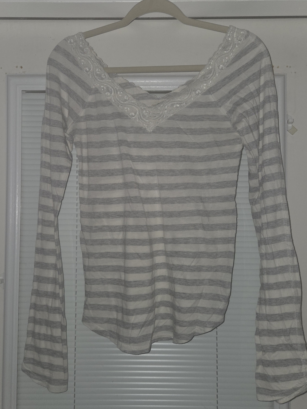 Free People Striped Lace-Trim Long Sleeve Tee - Light Gray & White